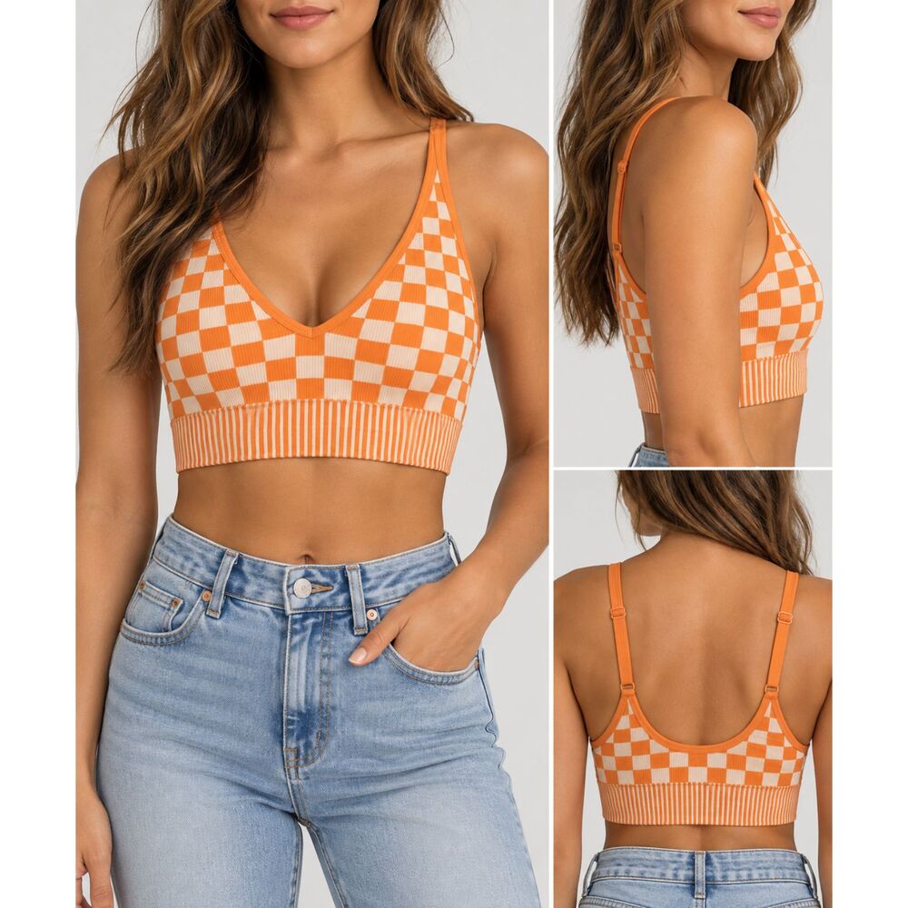 Garage Orange White Checkerboard Ribbed Sports Bra Crop Top P/S Y2K